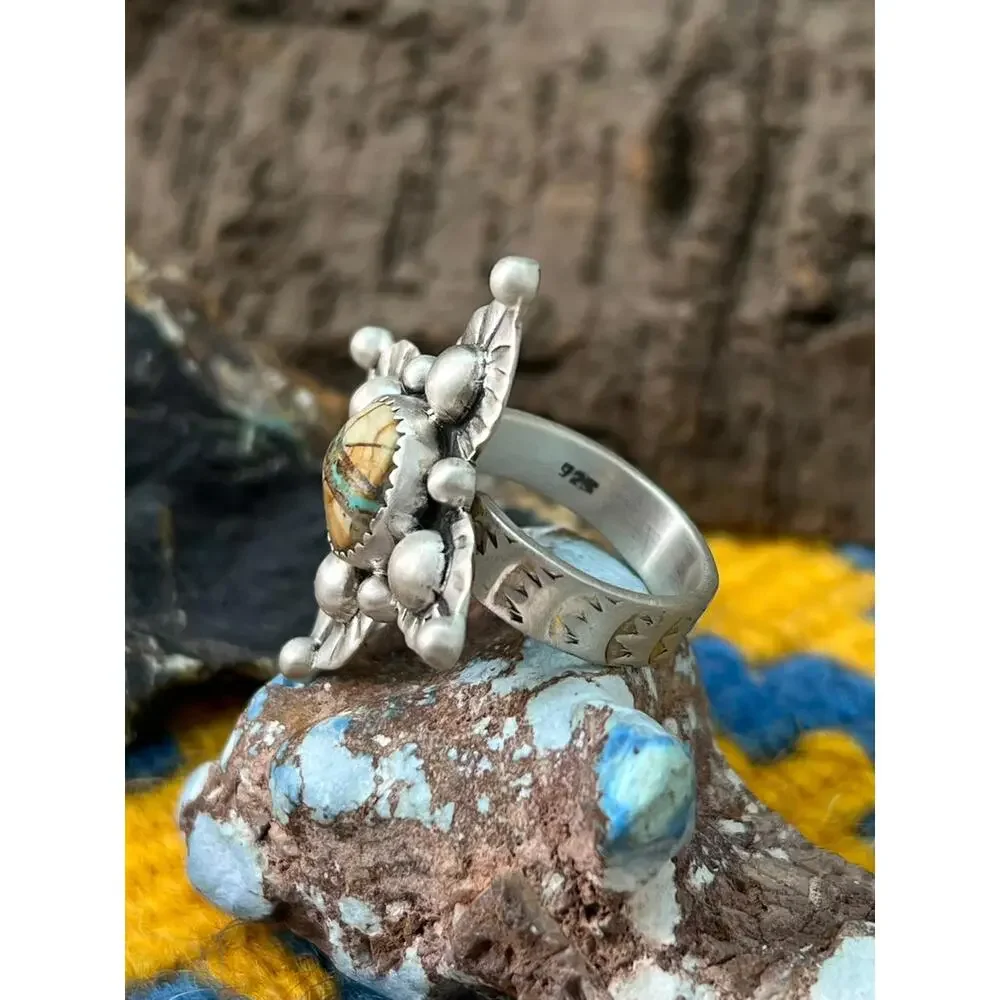 Handmade Sterling Silver Royston Ribbon Turquoise Adjustable Ring "Signed Nizho - Picture 4 of 5